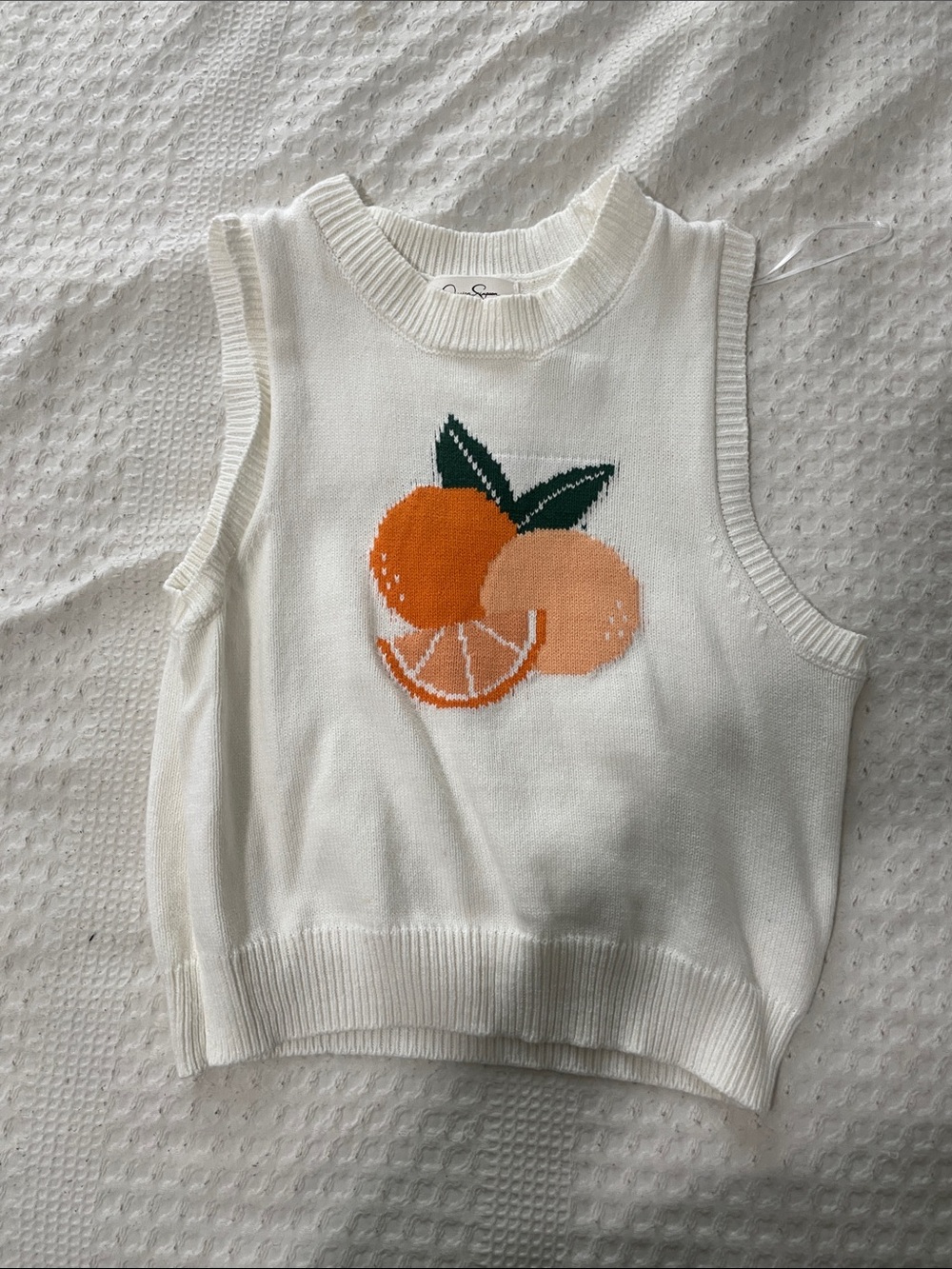Cream Knit Fruit Intarsia Sweater Vest - Orange Graphic